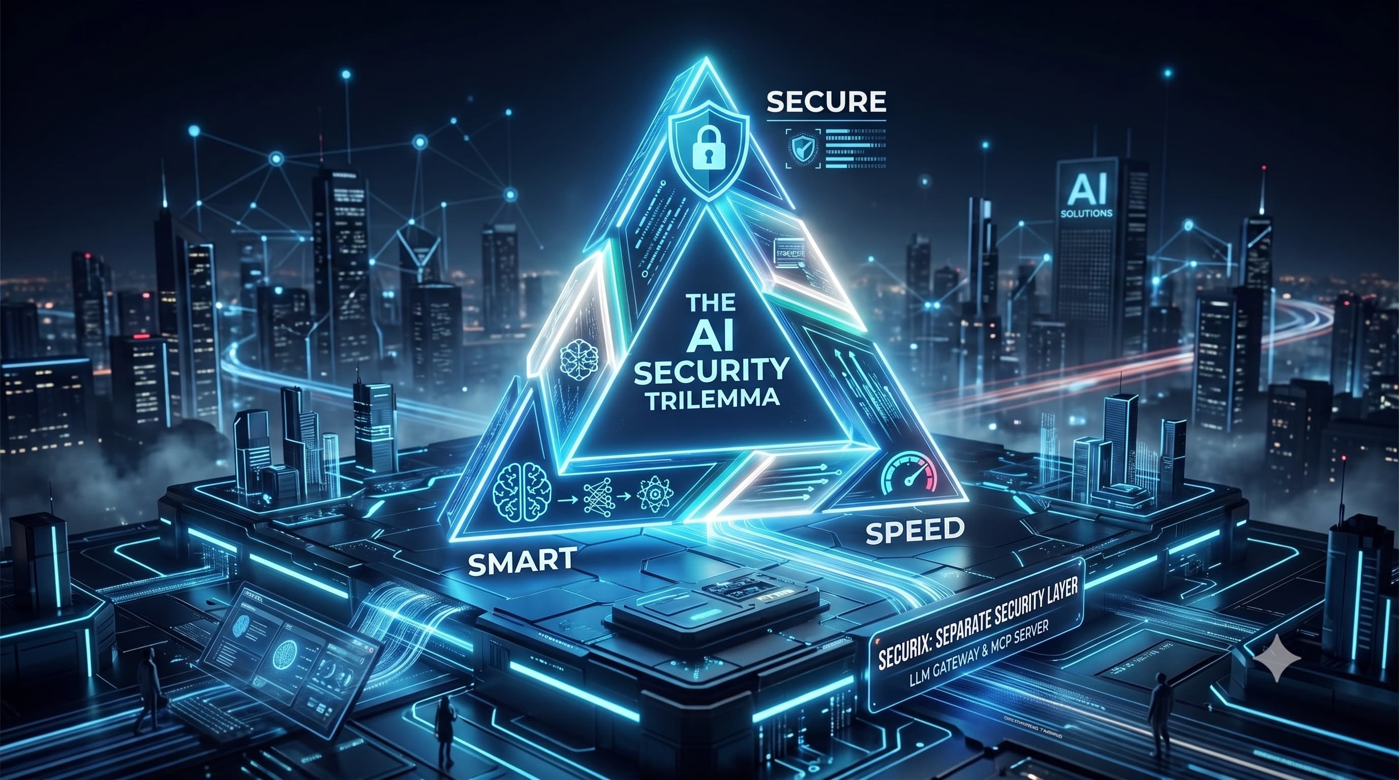 The AI security trilemma shown as a triangle with Smart, Speed, and Secure at its three corners — enterprise AI teams can optimize for any two — resolved by the SecuriX separate security layer at the LLM gateway and MCP server tiers