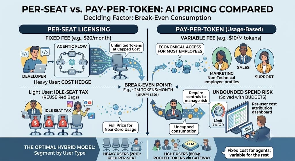 Per-seat vs pay-per-token AI pricing compared — per-seat licensing acts as a cost hedge for heavy agentic and developer usage but becomes an idle-seat tax for light users, while pay-per-token gives economical access to marketing, sales and support teams with budgets controlling spend, meeting at a break-even point around 2M tokens per month